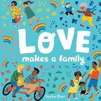 Different families do activities like riding a bike, running, and holding hands surrounded by rainbows and colorful shapes