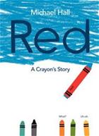 A blue crayon with a red wrapper colors the top of the page with other colors watching